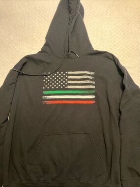 Black Men's Hoodie with Distressed American Flag and Green & Red Stripes